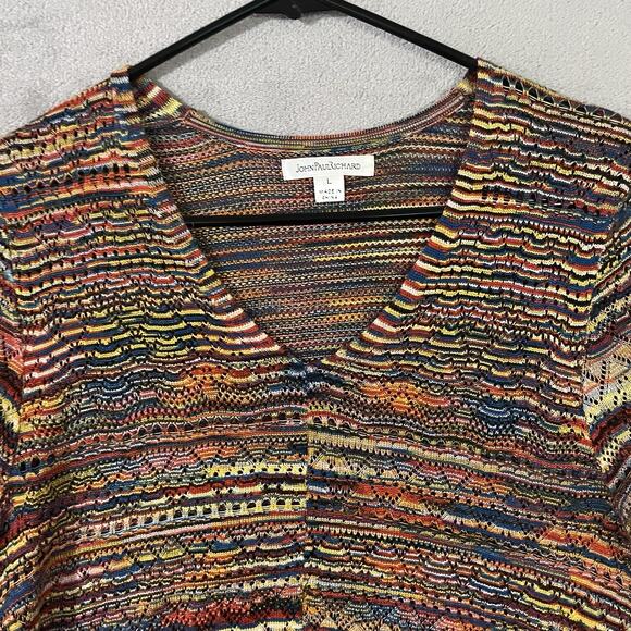 JOHN PAUL RICHARD Knit Tunic Top Autumn Colors Womens Sz L V-neck Long Sleeve - Picture 3 of 10